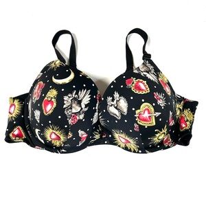 Torrid Curve 42DD 360 Back Smoothing Pushup Plunge Bra Black Hearts #4069